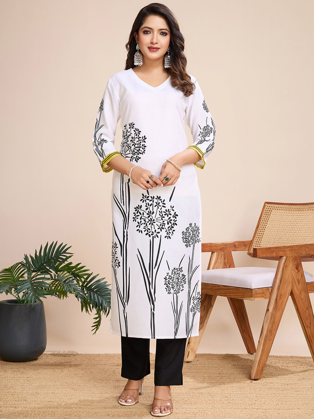 MOJILAA Floral & Leaf Printed V-Neck Sequinned Linen Silk Straight Kurta With Trousers
