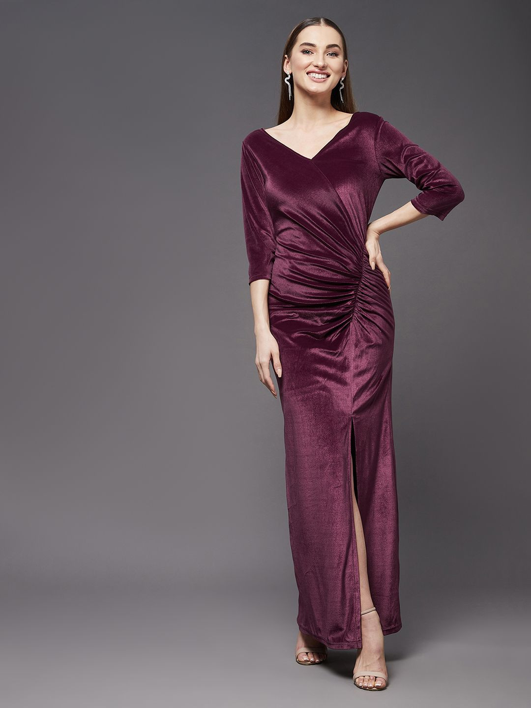 Miss Chase Women Velvet Front Slit Maxi Dress
