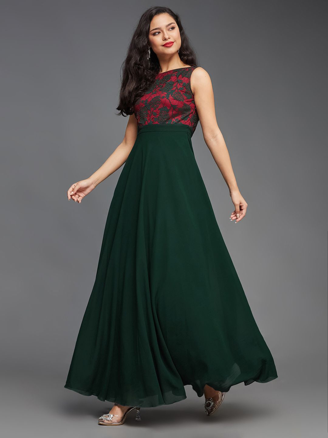 Miss Chase Lace Georgette Fit & Flare Maxi Dress