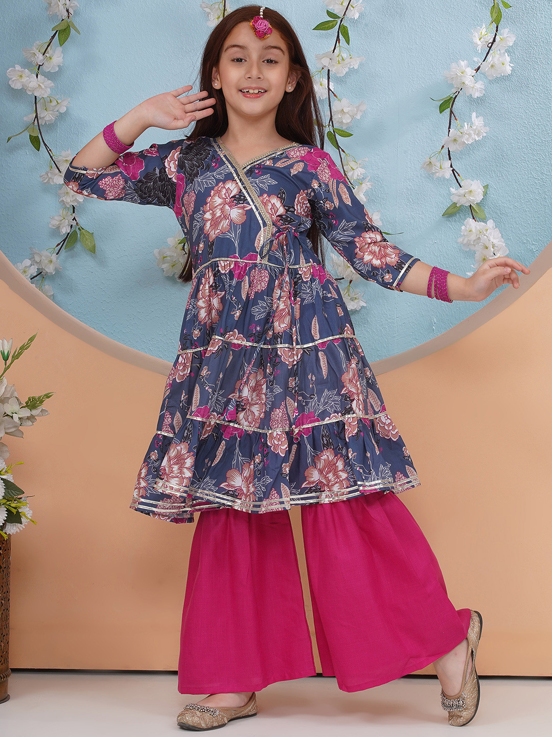 Little Zing Girls Floral Printed Pure Cotton Gotta Patti Kurta Set