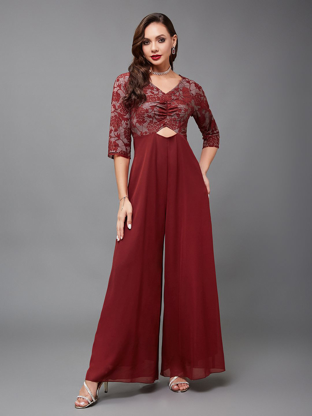 Miss Chase Women Self Design Cut-Out V-Neck Georgette Flared Basic Jumpsuit