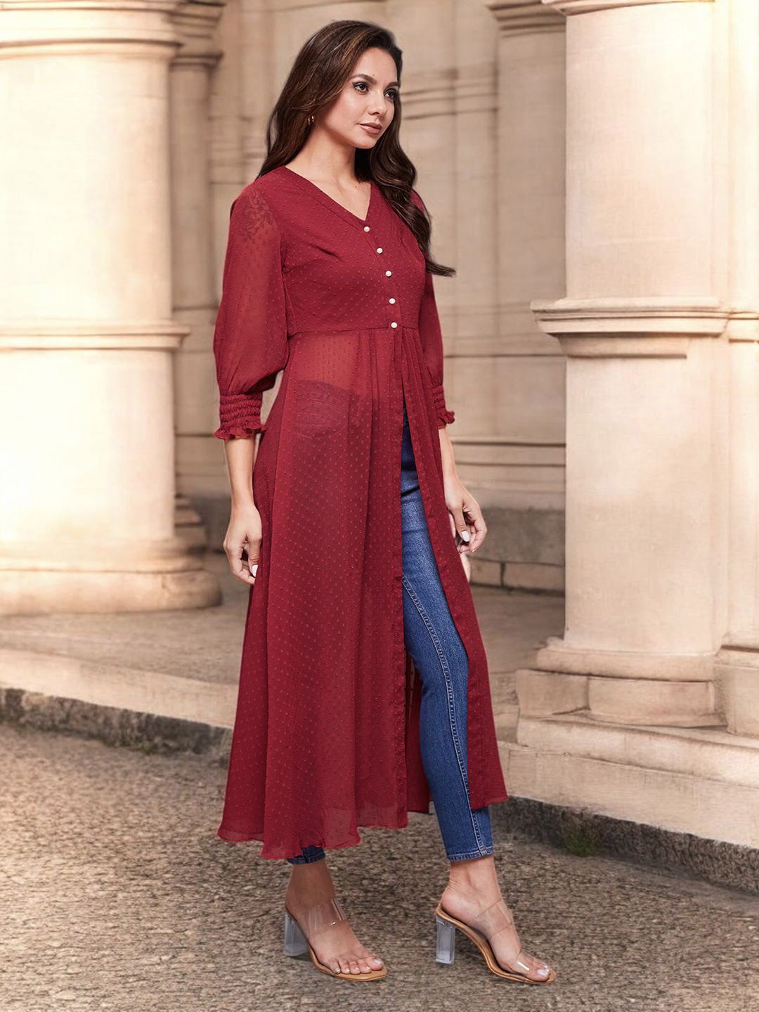 Miss Chase Women Cuff Sleeves V-Neck Smocking Self Design Front Open Maxi Longline Top