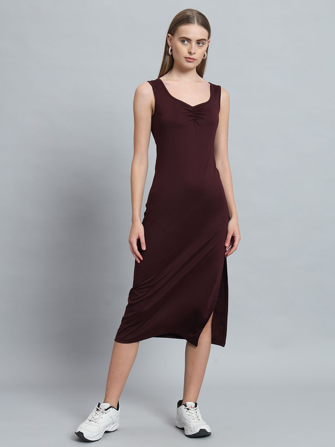 ND & R Women Solid Stretchable Sleeveless Side Slit Long Midi Dress