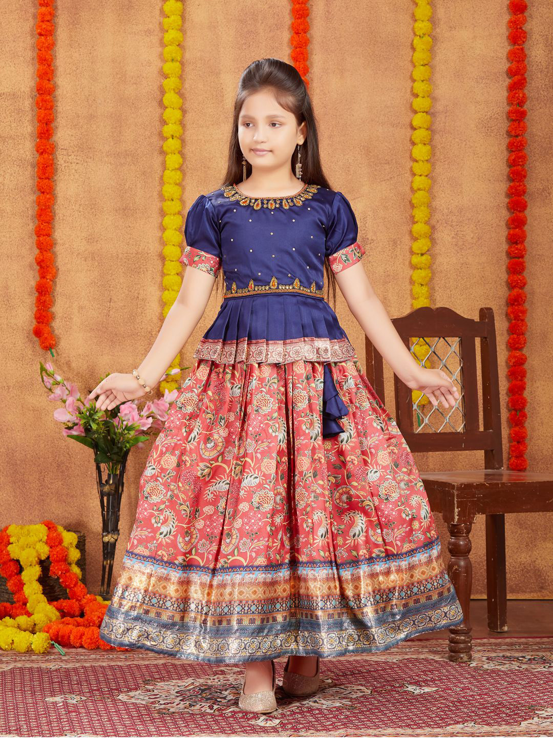 Sangria Girls Embroidered With Woven Design Ready to Wear Lehenga Choli