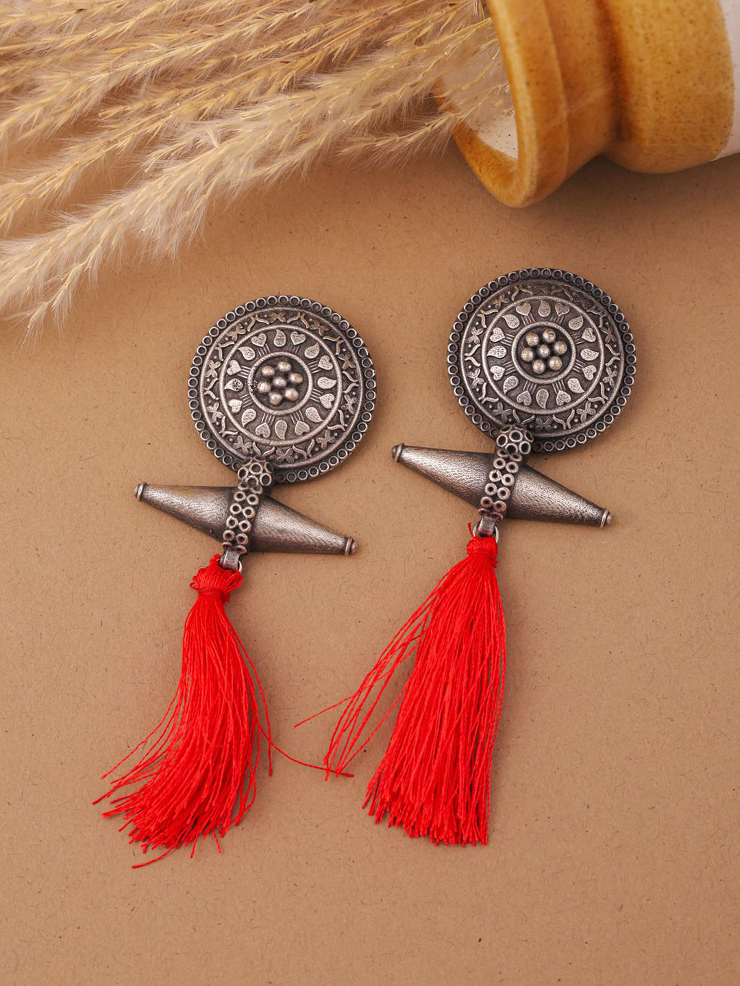 TOS Brass-Plated Tasseled Classic Studded Studs Earrings