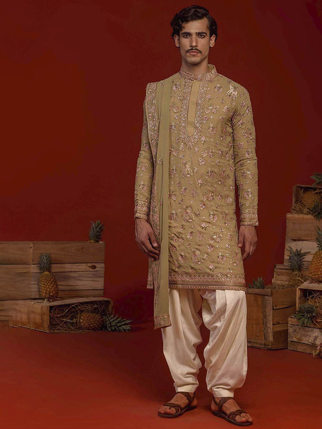 KALPRAAG Neel Ethinc Motifs Embroidered Mandarin Collar Kurta with Patiala & Dupatta