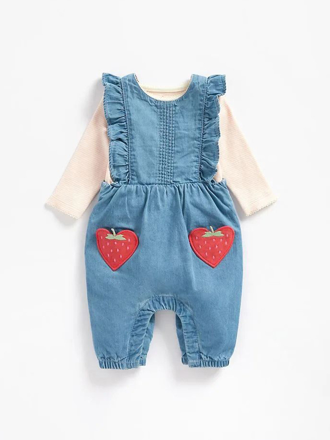 mothercare Infant Girls Strawberry Pocket Denim Dungarees With Bodysuit