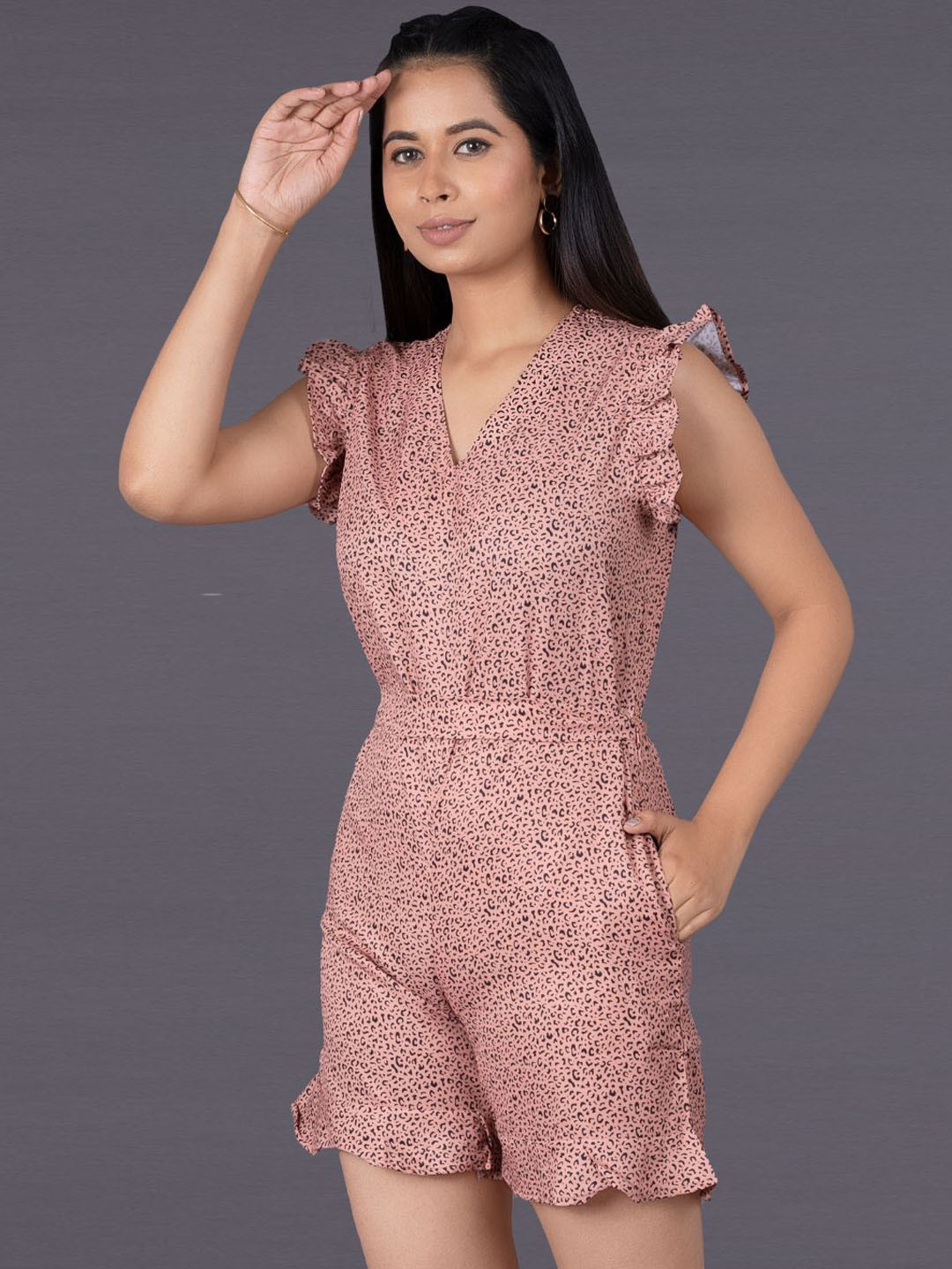 La Aimee Women Animal Printed Fluttered Sleeves Romper