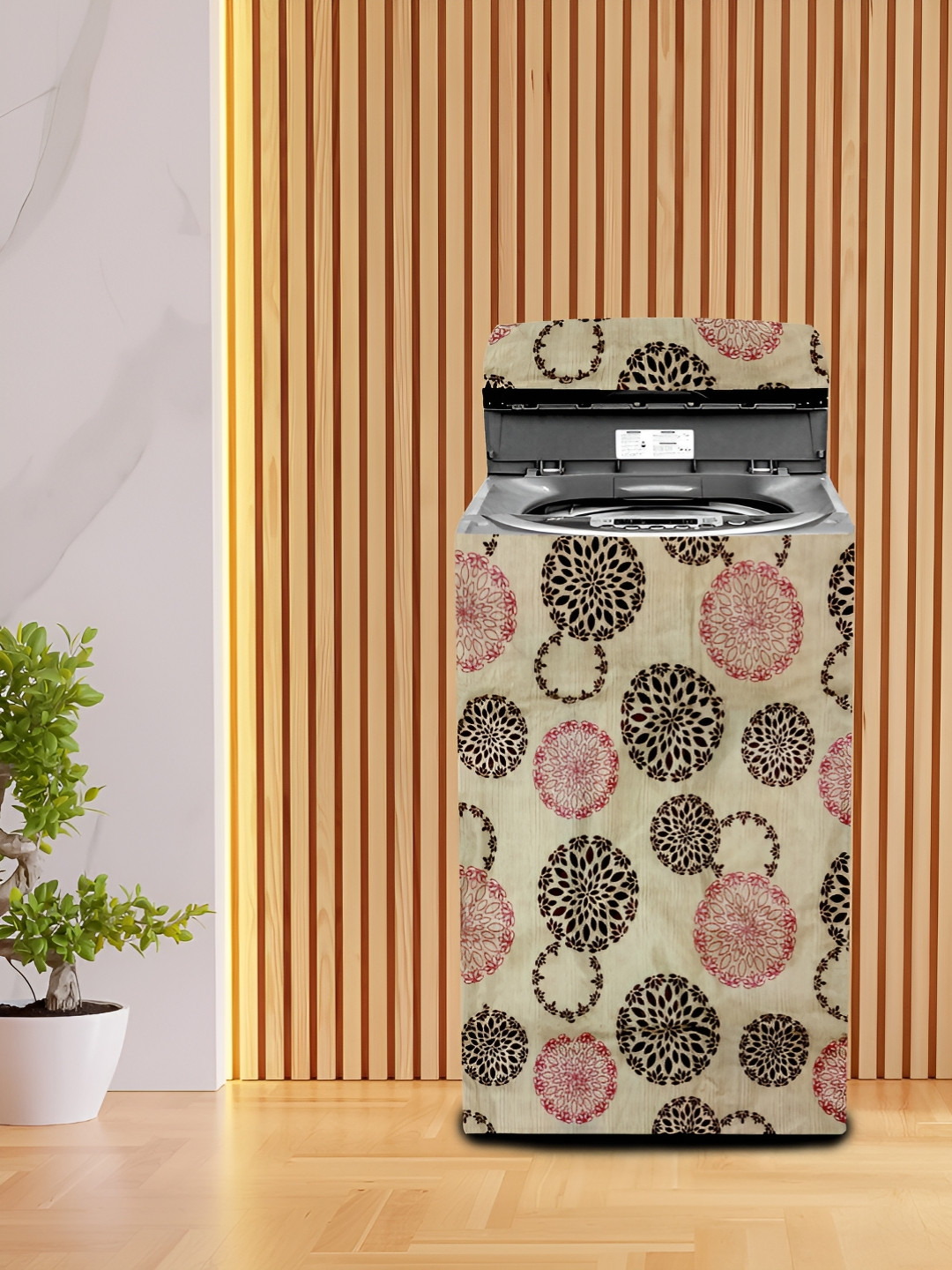 KANUSHI INDUSTRIES Beige & Pink Printed Front Load Automatic Washing Machine Cover