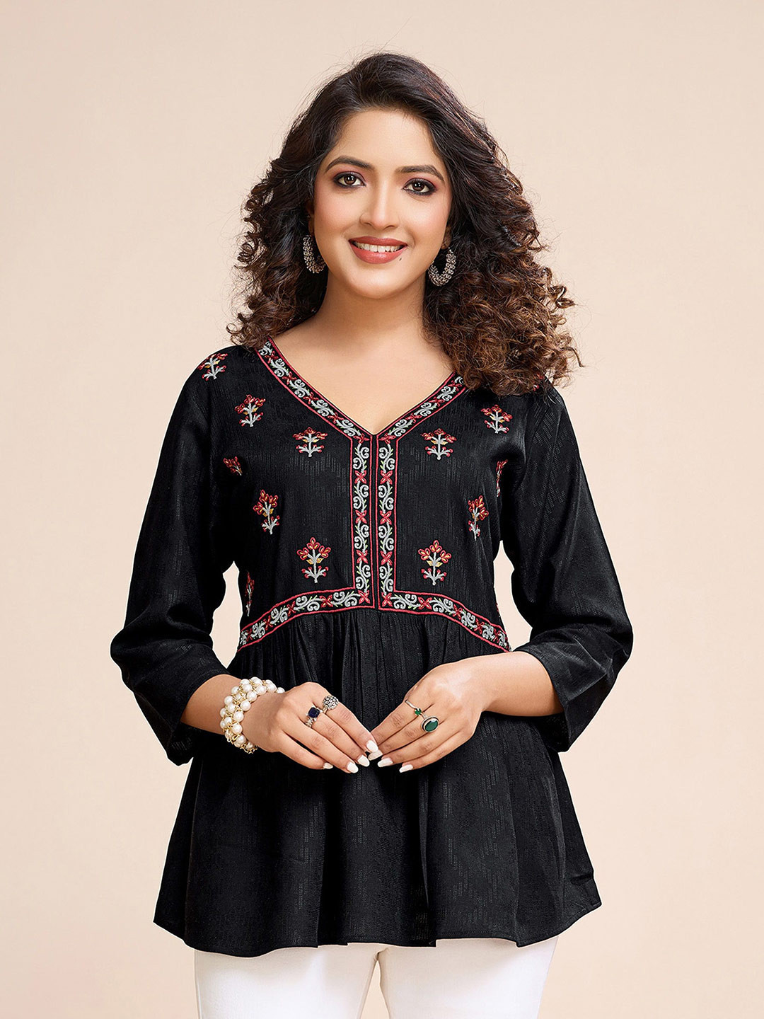 MOJILAA Women Floral Embroidered Peplum Top