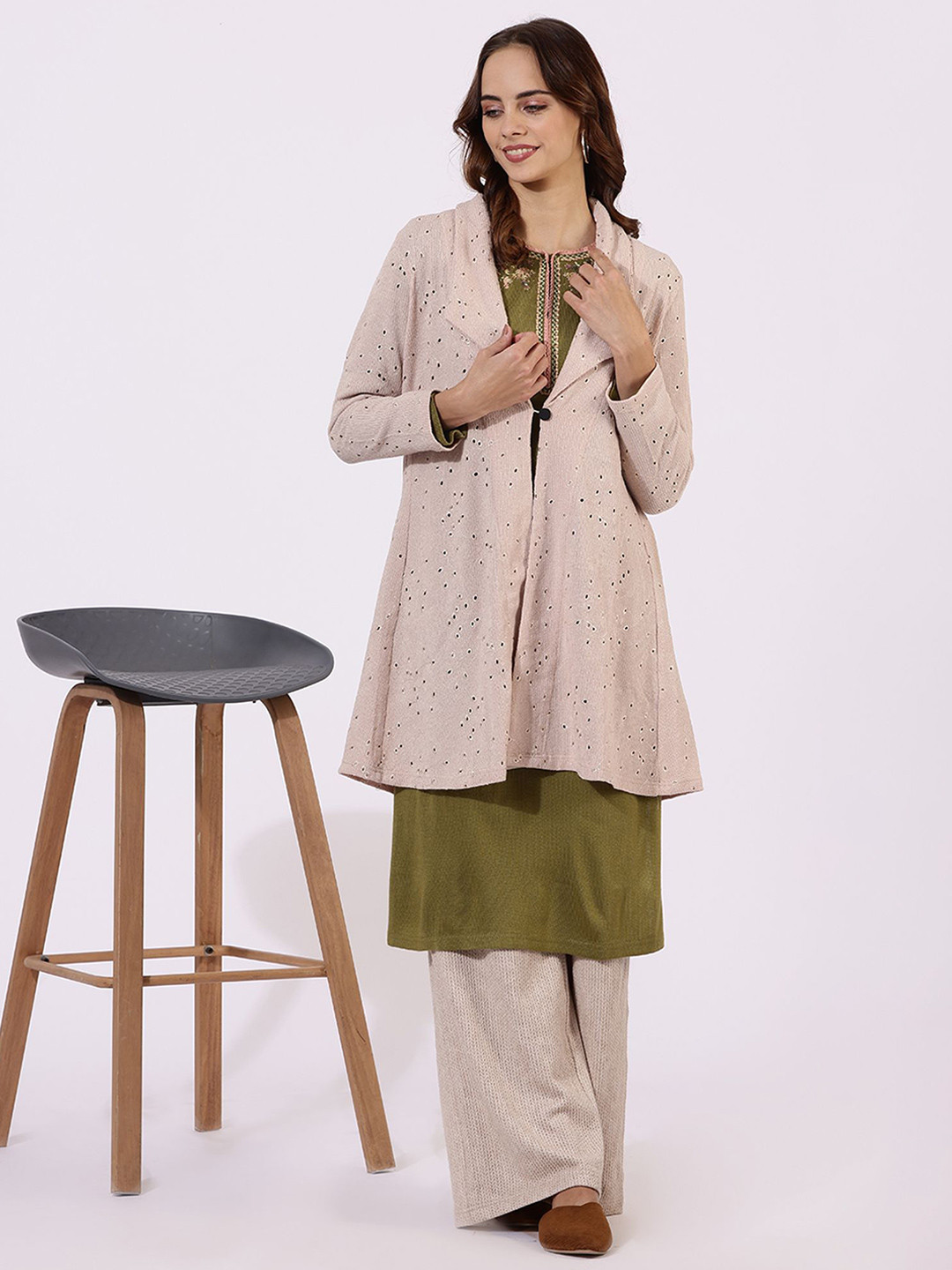 W Floral Self Design Schiffli Button A-line Shrug