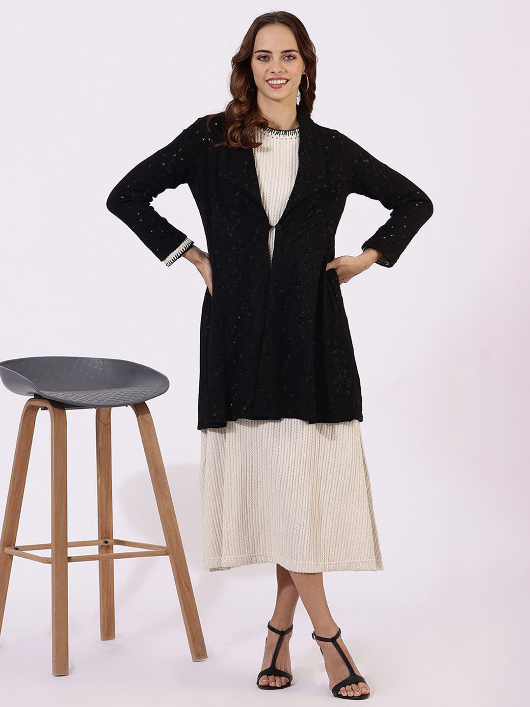 W Floral Self Design Schiffli Button A-line Shrug