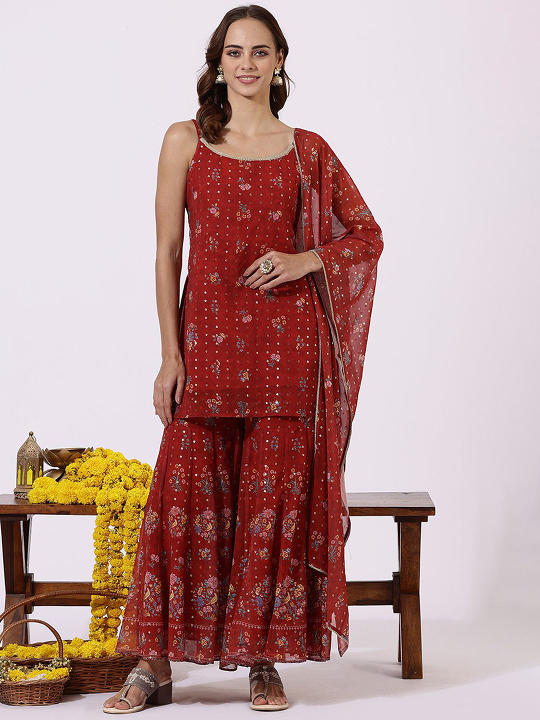 W Ethnic Motifs Printed Shoulder Strap Straight Kurta With Sharara And Dupatta