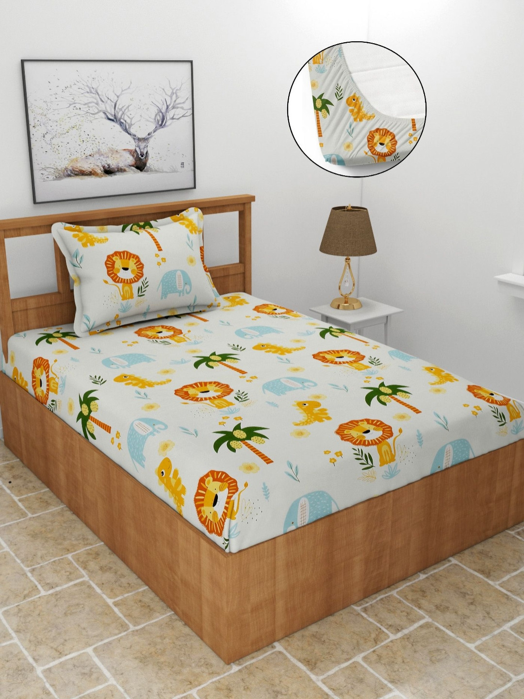 MORADO Cream Graphic Cotton 210 TC Single Fine Bedsheet with a Pillow Cover-182 x 91.44 cm