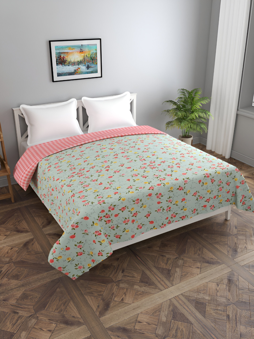 MORADO Pink & Green Floral Printed Glace Cotton Reversible Double Duvet Cover