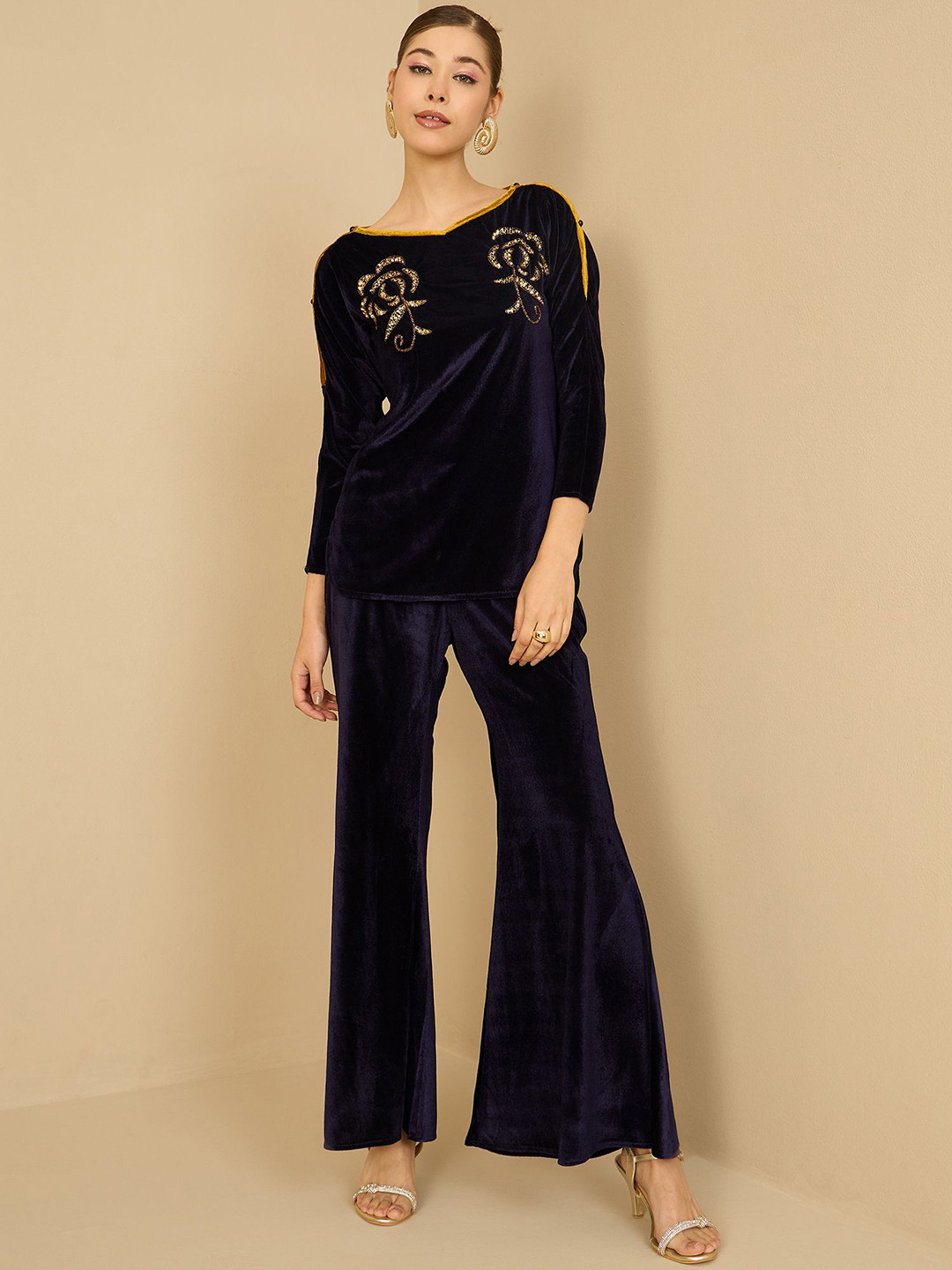 Antheaa Navy Blue Embellished Velvet Top With Palazzo