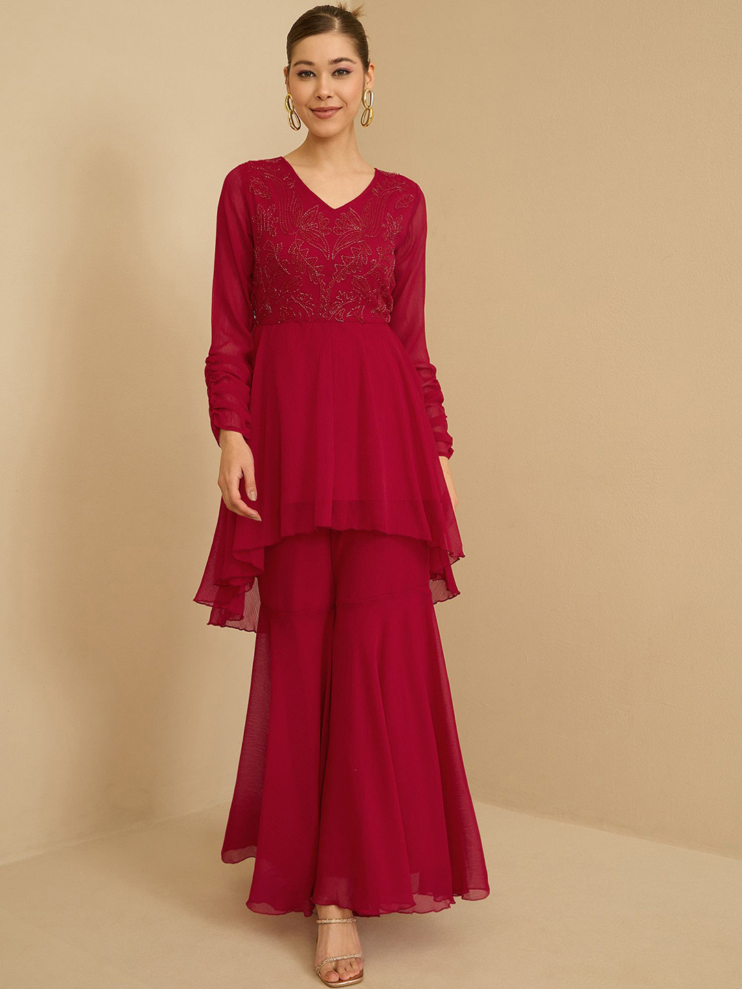 Antheaa Red Embroidered V-Neck Tunic With Sharara