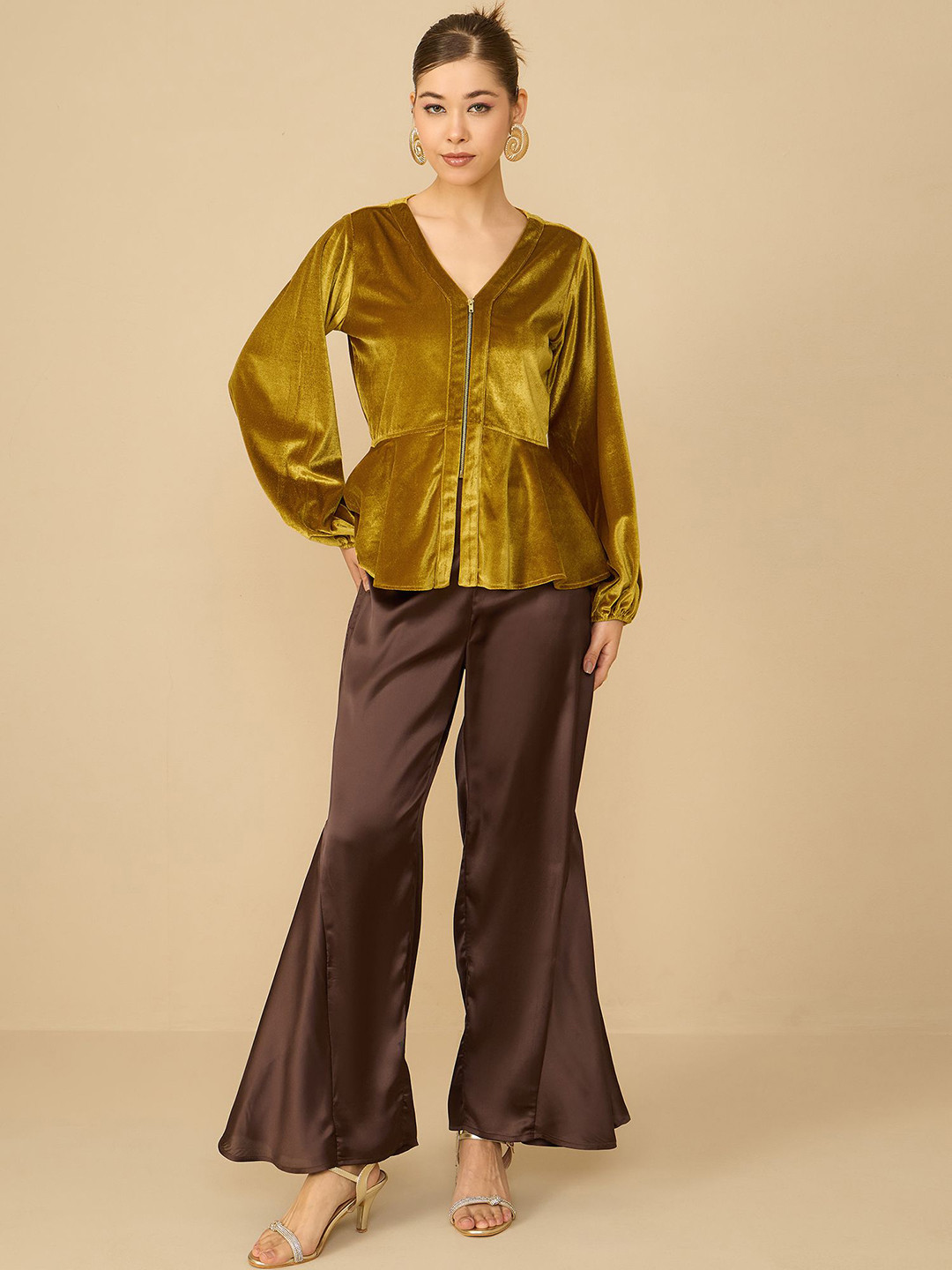 Antheaa Gold-Toned V-Neck Velvet Tunic With Trouser