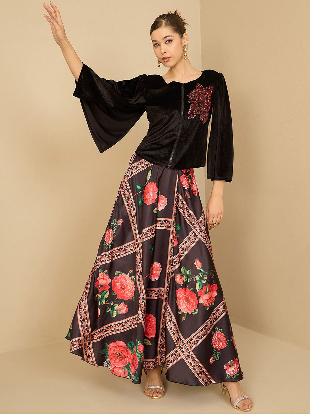 Antheaa Black Embellished Velvet Top With Skirt