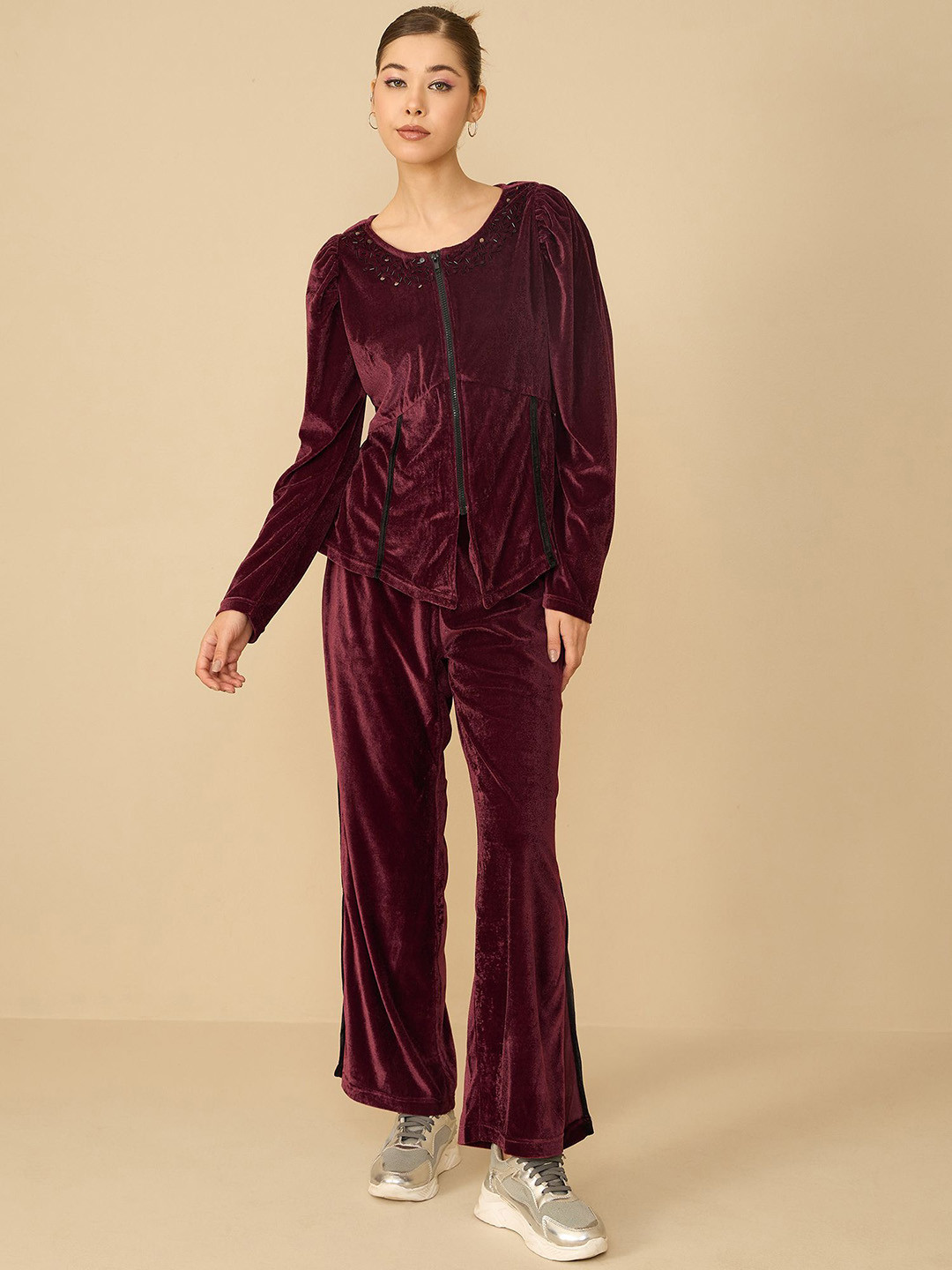 Antheaa Red Embellished Velvet Top With Trouser
