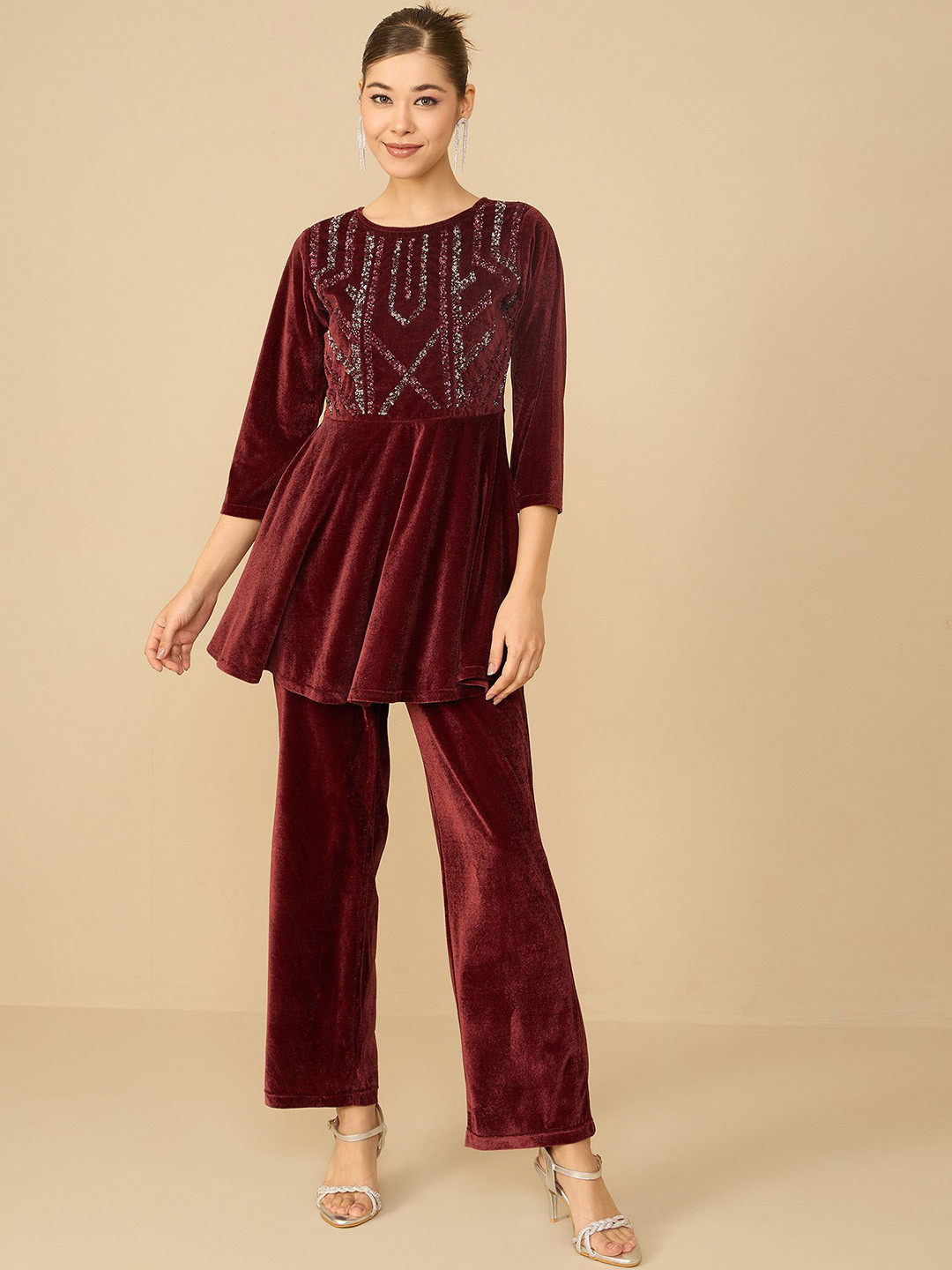 Antheaa Pink Embellished Velvet Tunic With Trousers