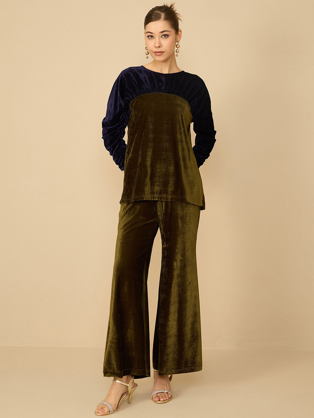 Antheaa Olive Green Colourblocked Velvet Top With Trousers