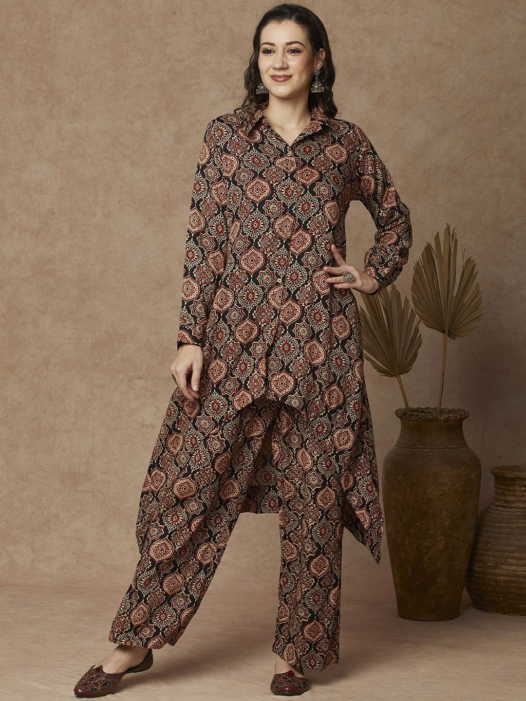 FASHOR Black Printed Shirt Collar A-Line Tunic With Palazzo