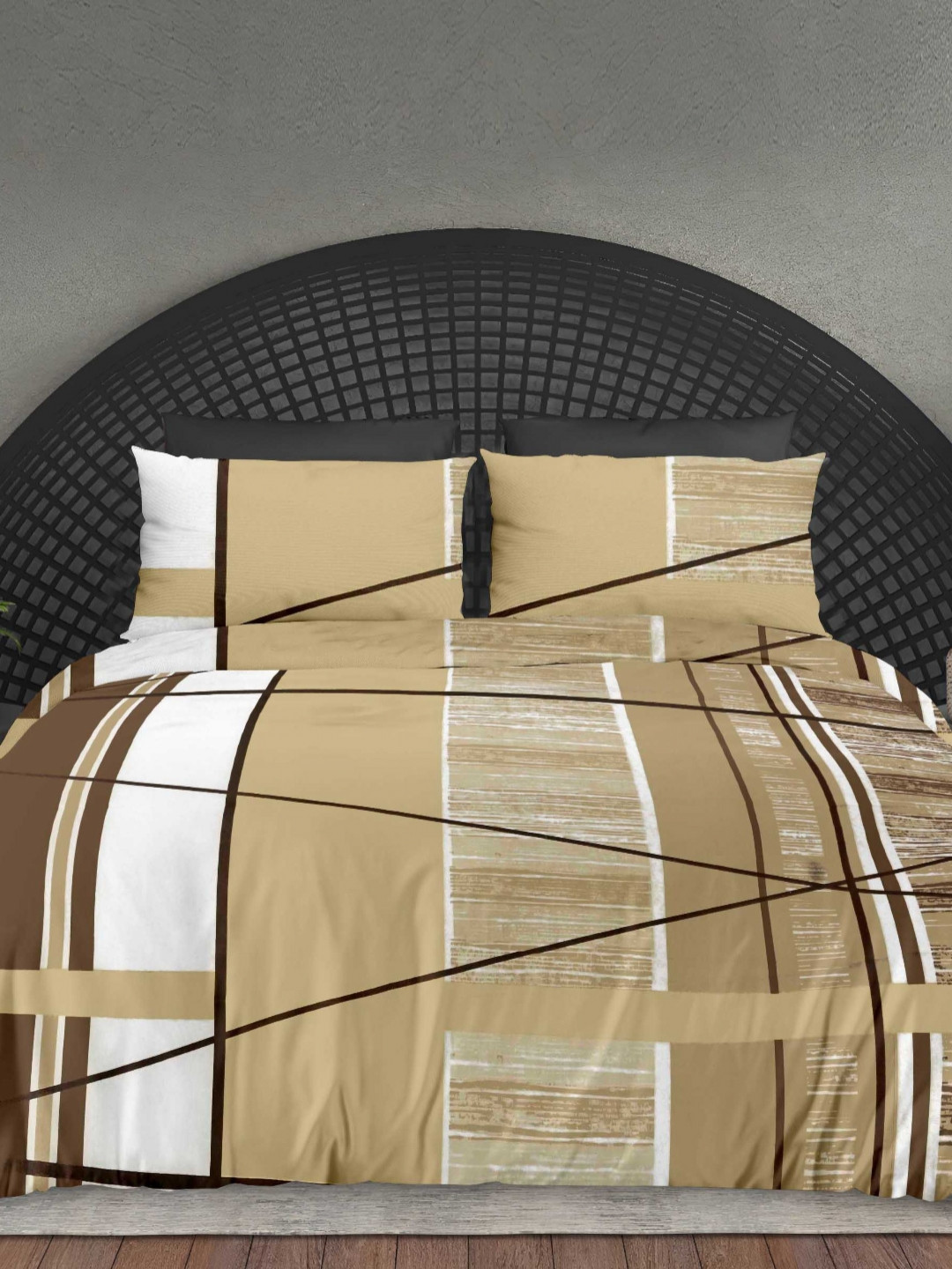 Ariana Beige Abstract Cotton 300 TC Super King Fine Bedsheet with 2 Pillow Covers-106 x 106 inches