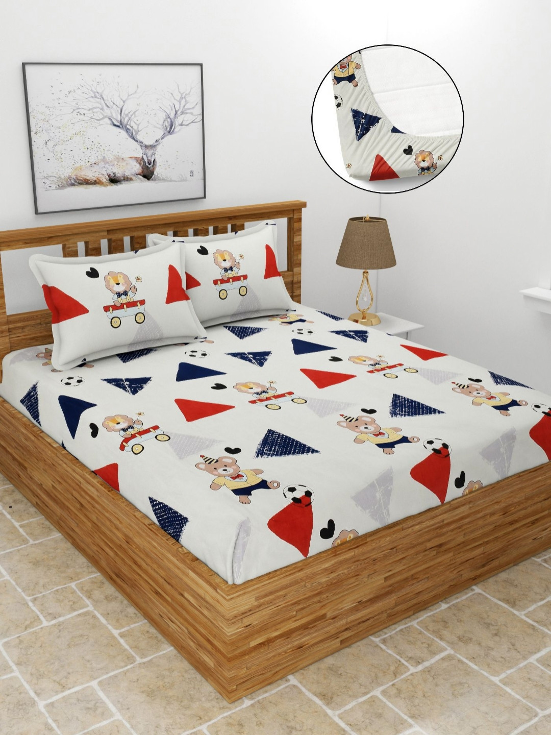 BREVARD Valence Collection Red Geometric Cotton 210 TC Fitted Queen Fine Bedsheet with 2 Pillow Covers-198 x 182 cm
