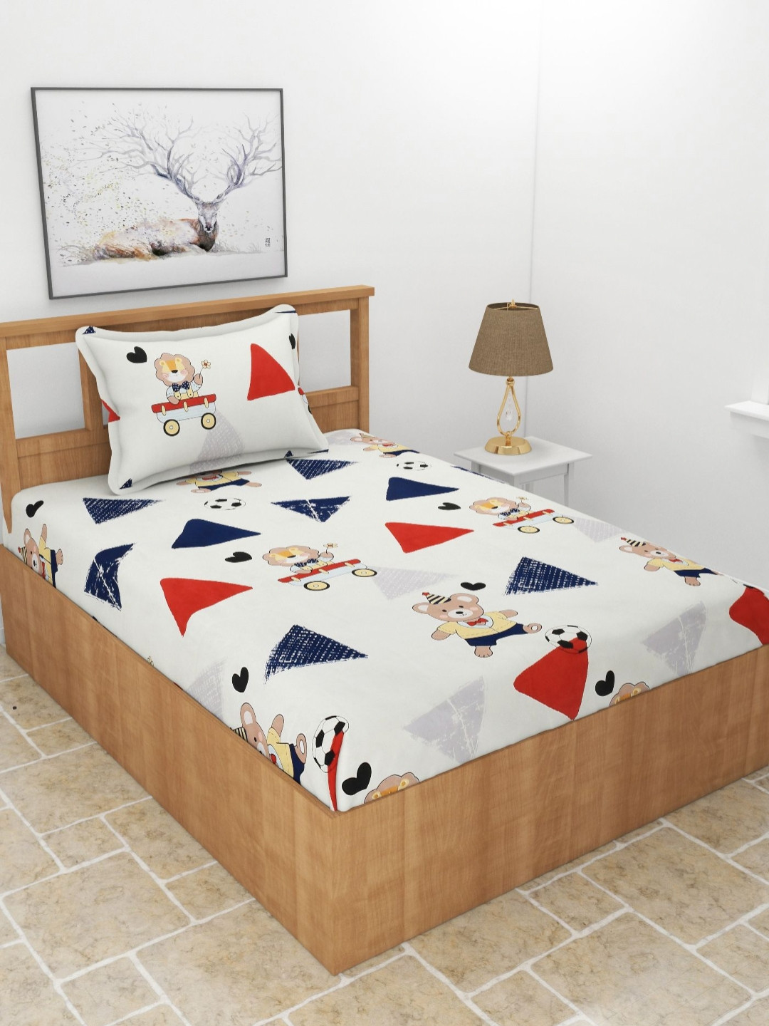 BREVARD Red Graphic Cotton 210 TC Single Fine Bedsheet with a Pillow Cover-72 x 36 inches