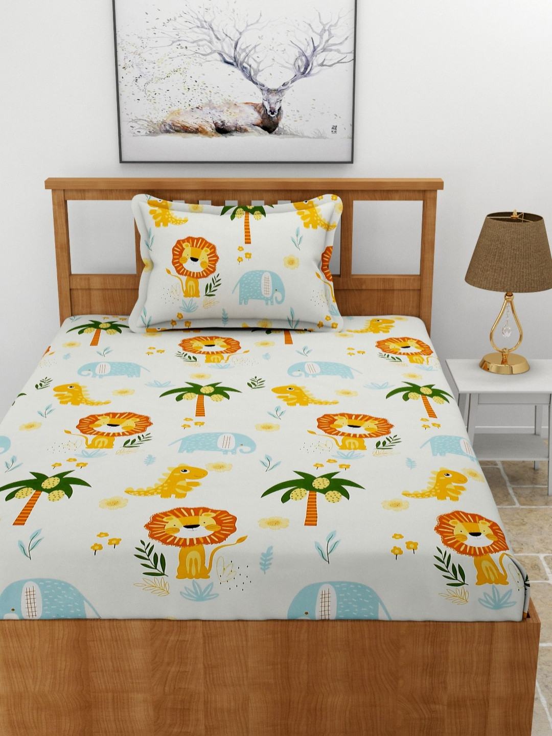 BREVARD Cream Cartoon Characters Cotton 210 TC Single Fine Bedsheet with a Pillow Cover-72 x 36 inches