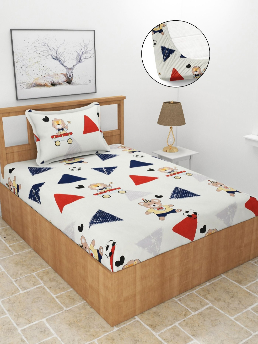 BREVARD Red Geometric Cotton 210 TC Fitted Single Superfine Bedsheet with a Pillow Cover-72 x 360 inches