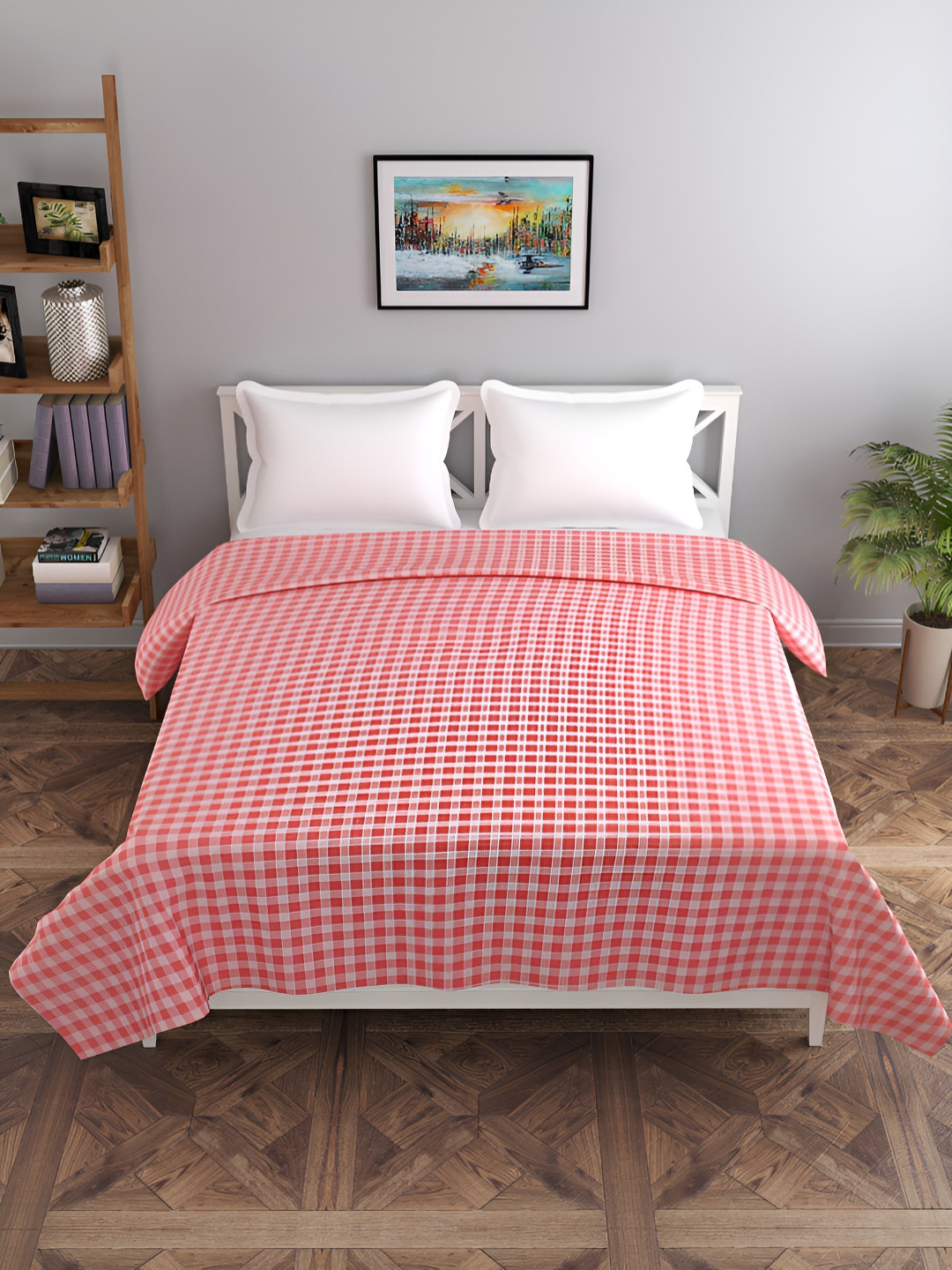 BREVARD White & Pink Checked Glace Cotton Double Size Duvet Cover With Zipper