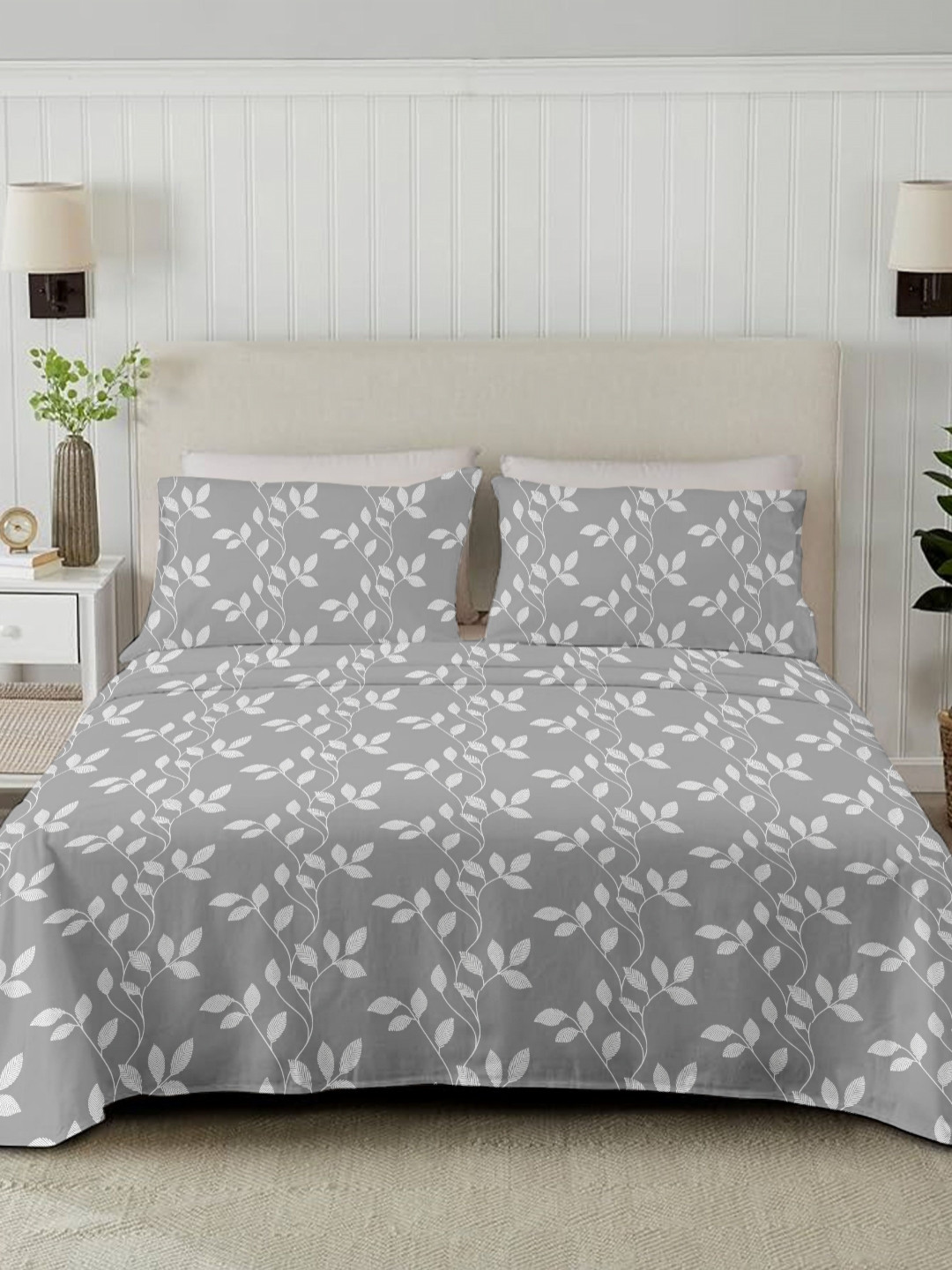 Ariana Grey Leaf Cotton 210 TC King Fine Bedsheet with 2 Pillow Covers-106 x 89 inches