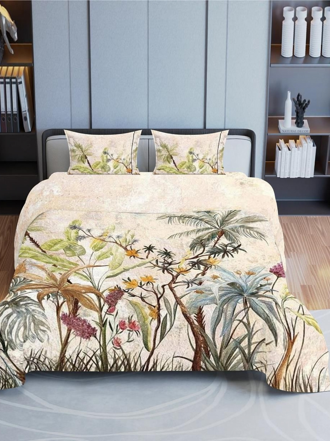 Synergized Cotton Peach Botanical Blossom Orange Graphic Cotton 300 TC King Fine Bedsheet with 2 Pillow Covers-108 x 108 inches