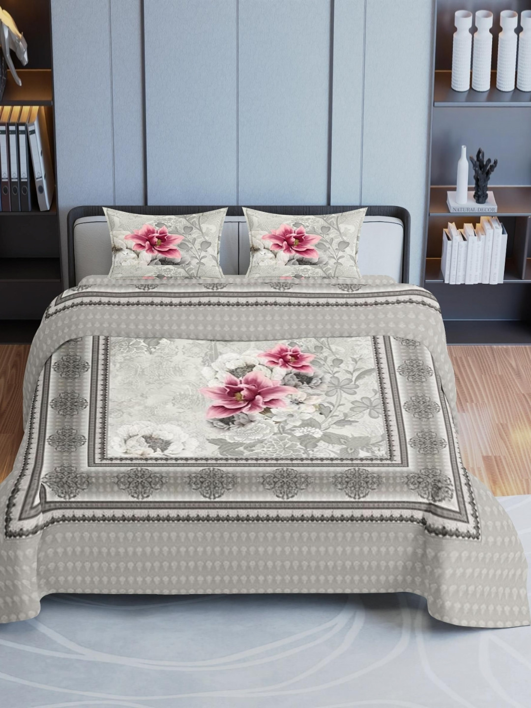 Synergized Cotton Grey Floral Cotton 300 TC King Fine Bedsheet with 2 Pillow Covers-274 x 274 cm