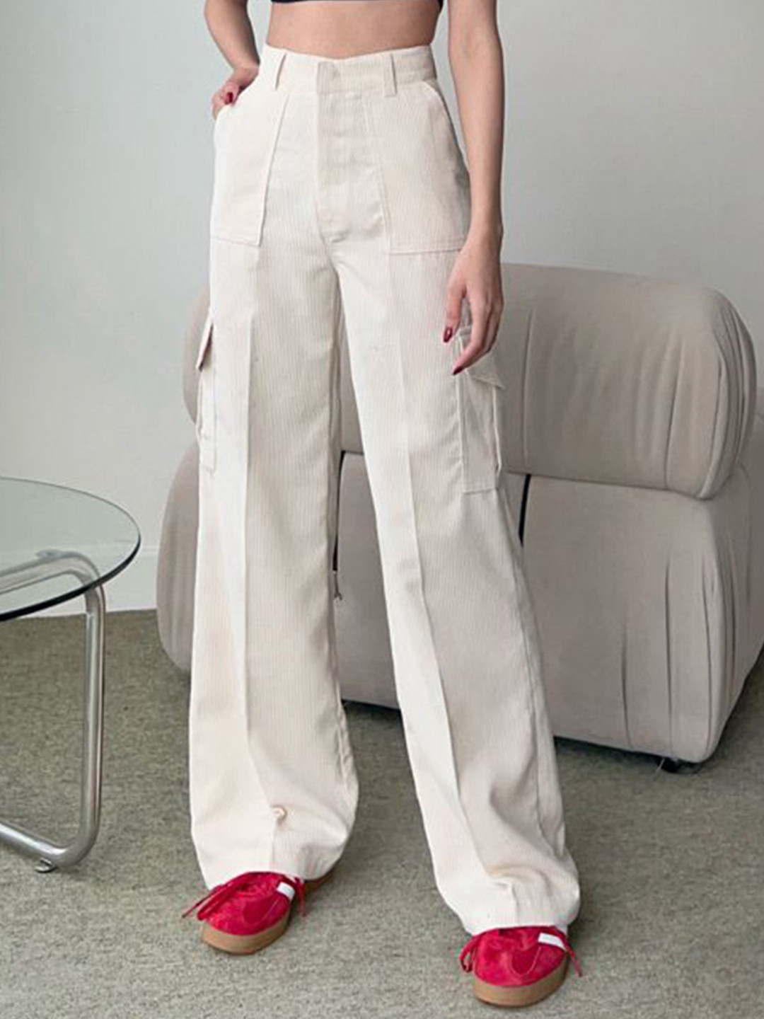 HIGH BUY Women Striped Relaxed High-Rise Non Iron Corduroy Cargos Trousers