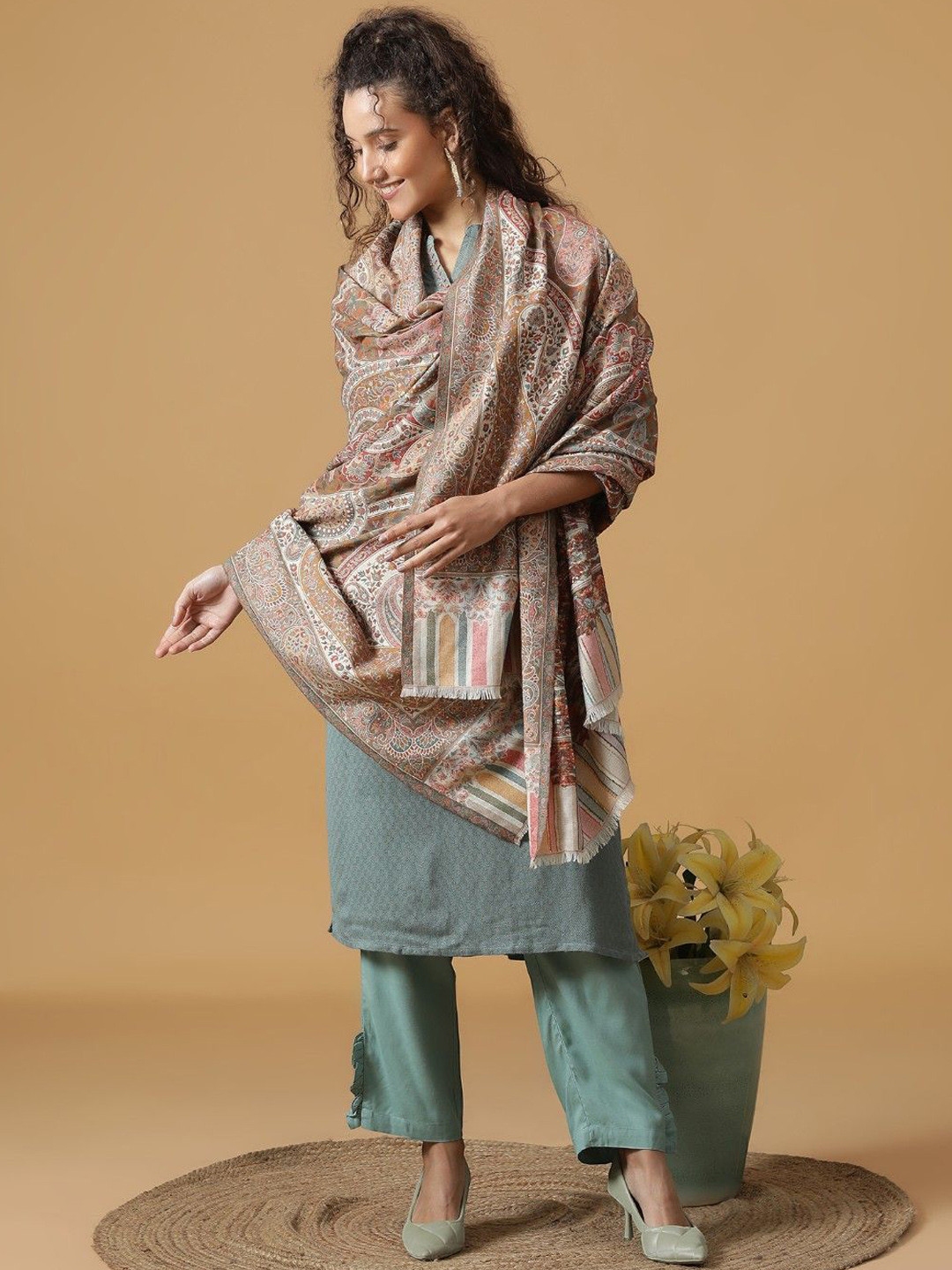 Tiara Beauty Enhanced Kani Ethnic Motifs Woven Design Woollen Shawl