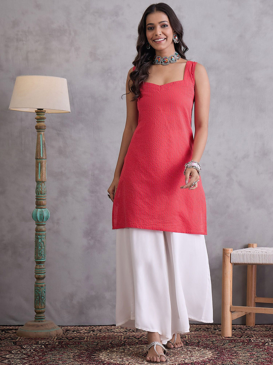 InWeave Striped Sweetheart Neck Kantha Work Pure Cotton Straight Kurti With Palazzo