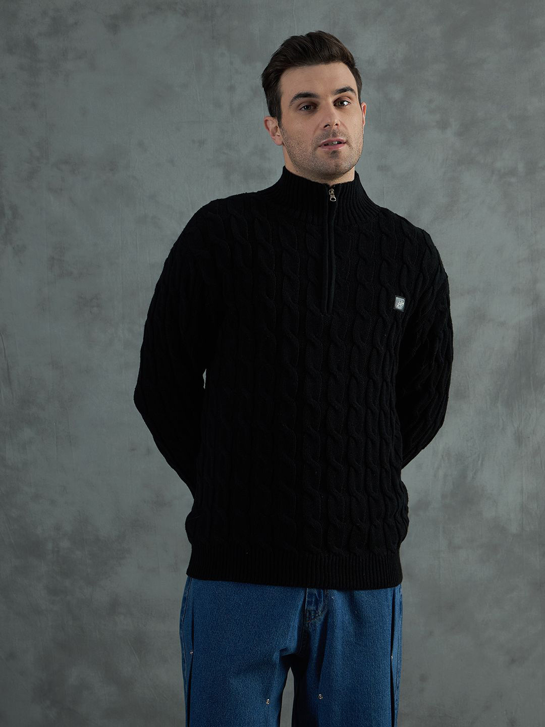 FUGAZEE Men High Neck Half Zipper Cable Knit Pullover