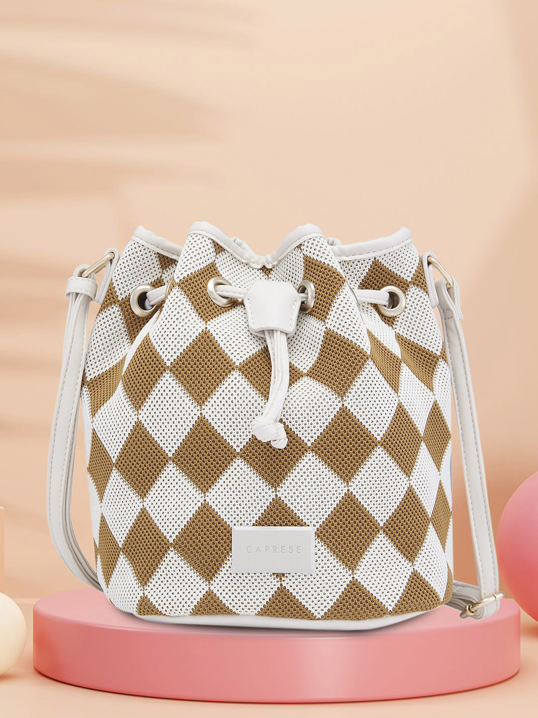 Caprese Checker Women Cream Medium Sling Bag