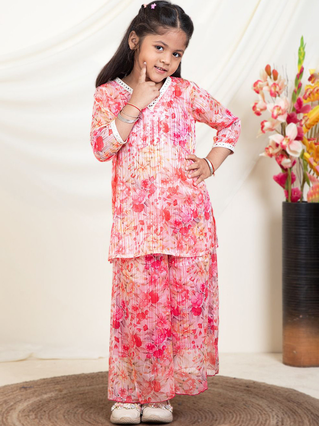 Bugandbees Girls Floral Printed V-Neck Kurti & Palazzo With Inner Top