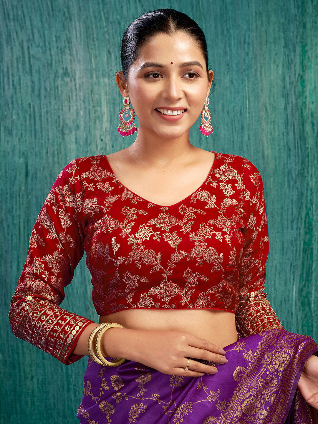 KALINI Woven-Design Fully Stitched Padded Silk Saree Blouse