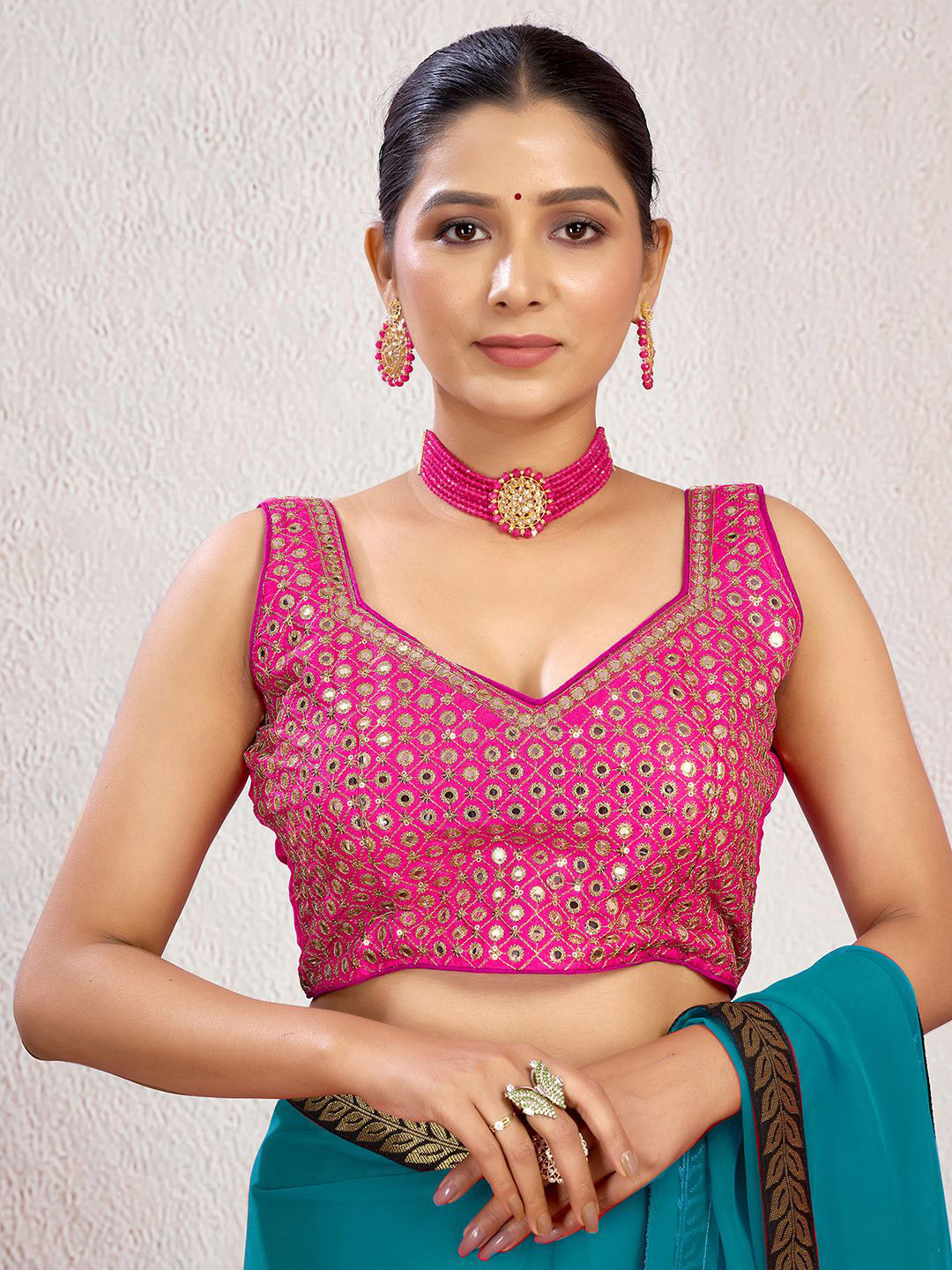 KALINI Embroidered Mirror Work Padded Saree Blouse