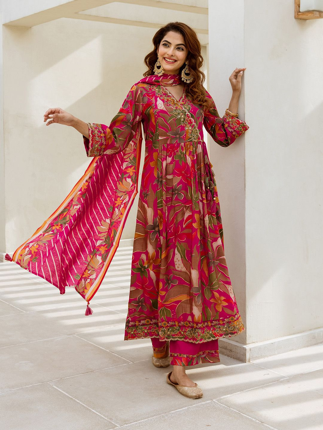 Ishin Floral Printed Pure Cotton Thread work Anarkali Kurta With Palazzos And Dupatta