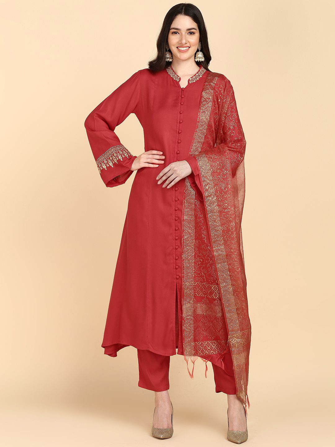 HERE&NOW Zardosi Thread Work  A-Line Mandarin Collar Kurta With Trouser And Dupatta