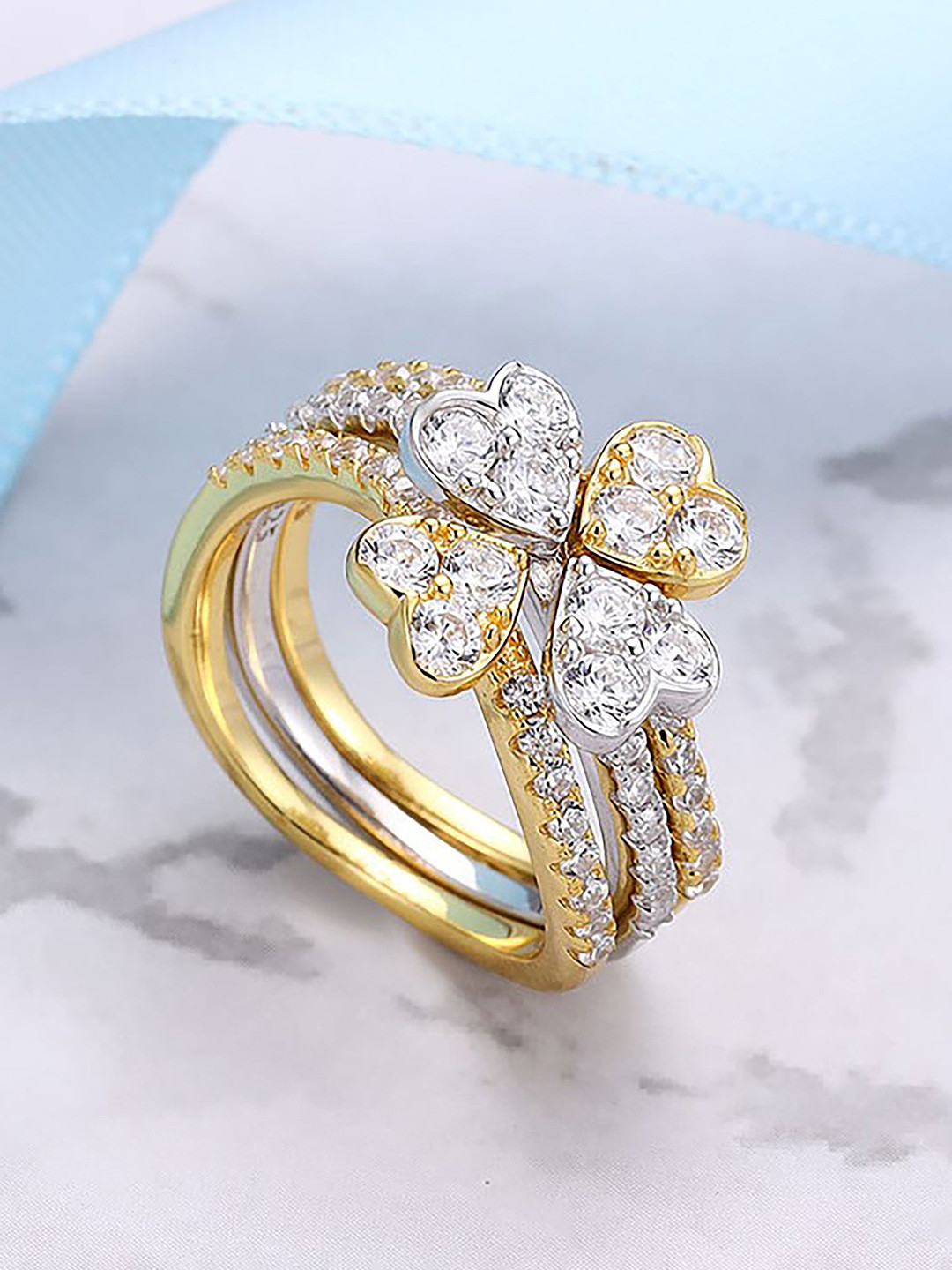 SILMORA Set of 3 Platinum-Plated Cubic Zirconia Studded Silver Finger Ring