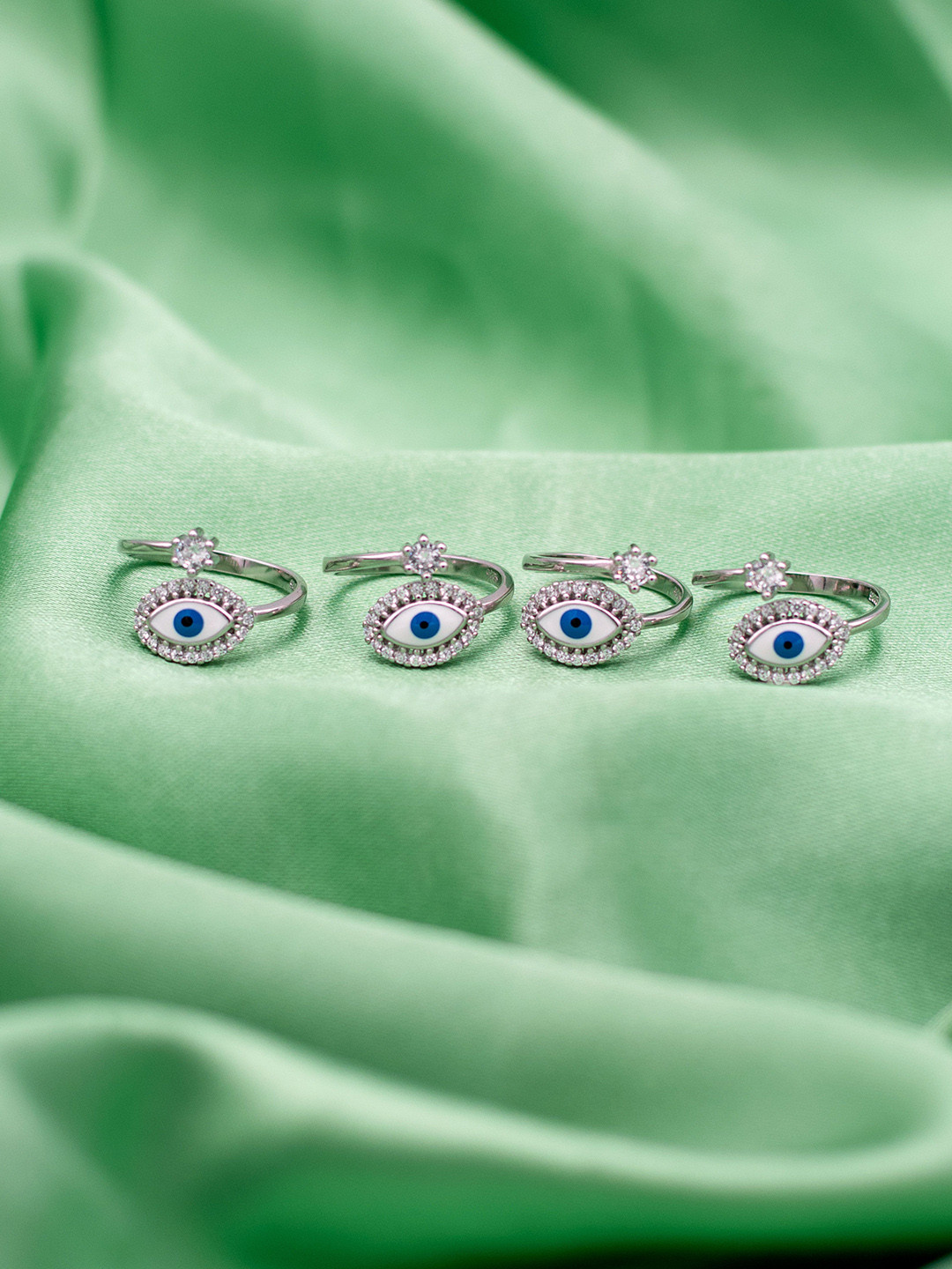 SILMORA Set Of 4 Silver Platinum-Plated CZ-Stone Studded Adjustable Evil Eye Toe Rings