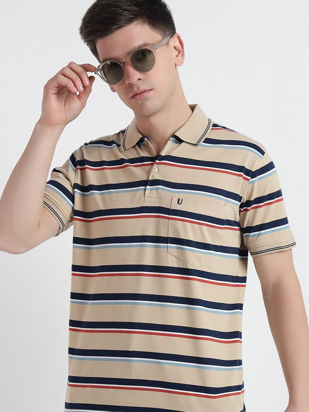 UNIBERRY Men Striped Polo Collar Cotton T-shirt