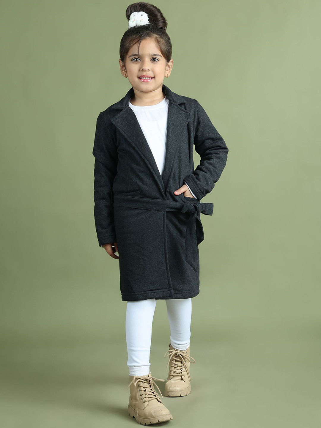 Mini & Ming Girls Long Sleeve Knee-Length Wrap Coat With  Tie-Up Belt